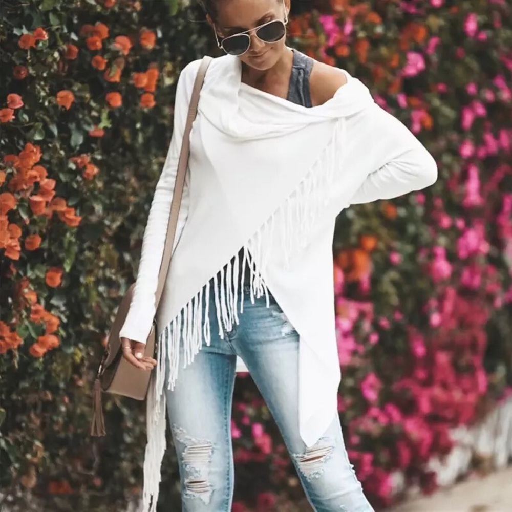 Fringe Trim Cowl Neck Wrap Style Sweater Ivory - Picture 7 of 7